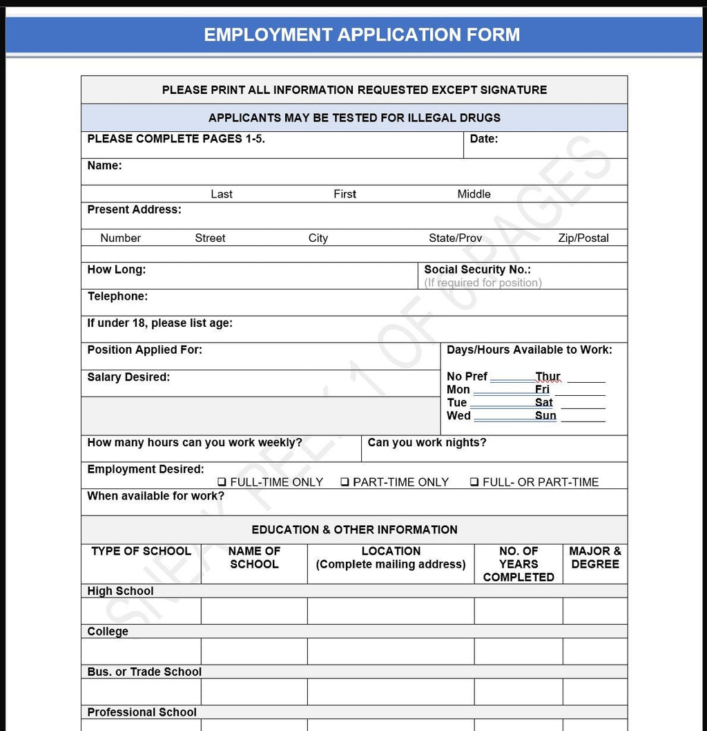 6-Page Employment Application Template | Professional Job Form